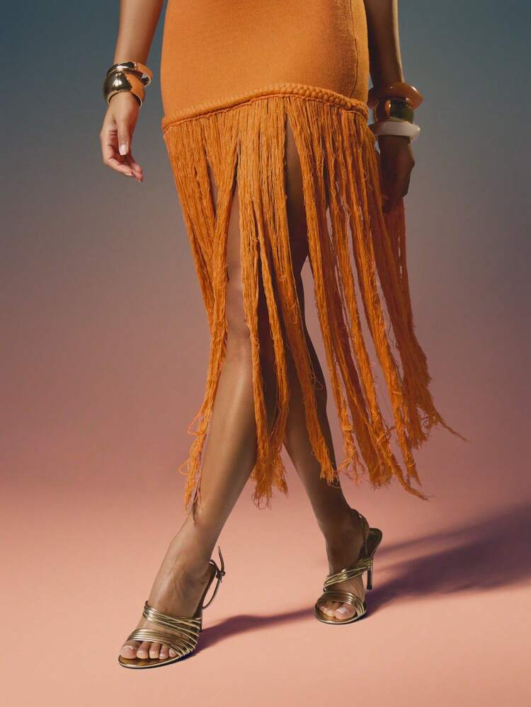 MISSGUIDED Strapless Knit Maxi Dress With Fringe Hemline Boho Festival Party Bodycon Evening Wear Long Orange Dress