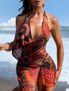 Swim SXY Women's Beach Cover Up Dress, High Slit Backless Halter Neck, Spring/Summer - Coffee Brown - View 6