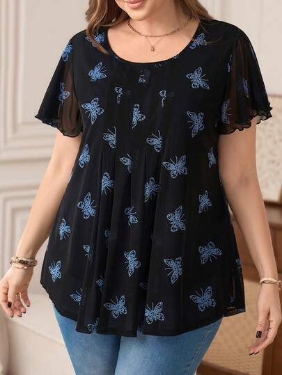 EMERY ROSE 大码女式圆领蝴蝶印花休闲百搭日常短袖衬衫，春夏款