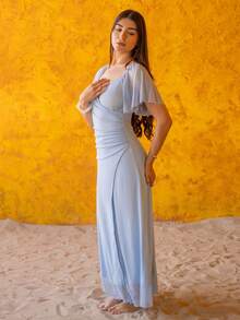 Andrea Bello 女士浅紫色V领荷叶袖褶裥开衩连衣裙，优雅伴娘礼服，派对礼服，春夏款 - 藍色 - 查看 3