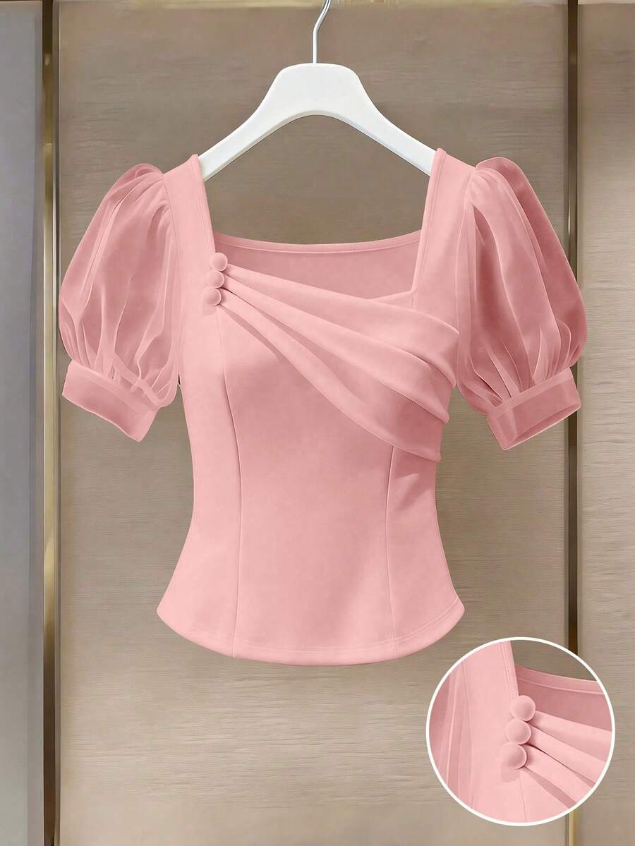 GlowEve Women's High-End Satin & Satin Patchwork Evening Gown, Formal Party French Style Blouse, Spring/Summer - Pink - View 1