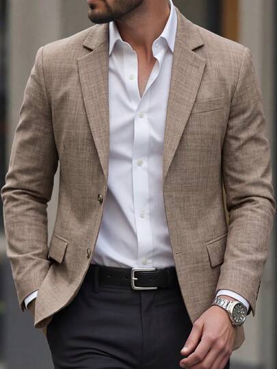 Manfinity Mode Men's Single-Breasted Slim-Fit Suit Jacket With Pockets; Elegant Men's Clothing; Fashionable Men's Suit Jacket; Men's Brown Suit Jacket; Men's Casual Suit Jacket.Men Old Money,Daily Leisure, Weekend Trips, Outdoor Activities, Travel Expeditions, Relaxed Work Environments Or Semi-Formal Occasions, Boyfriend/Husband Gift, Anniversary /Birthday Gift Party Summer Vacation Holiday,Wedding,Spring To Summer,Easter,Y2k,Vintage,Mens Stylish Single Breasted Blazer In Brown Perfect For Casual And Formal Wear,Beige Blazer For Men,Tan Suit Men,Men Casual Suits,Men Blazers