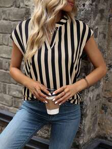 EMERY ROSE Plus Size Women's V-Neck Striped Print Elegant Office Wear Short Sleeve Blouse - Multicolor - View 6