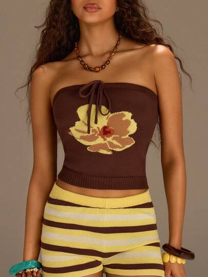 Athîral 2pcs Women Floral Print Front Tie Cropped Tube Top And Striped Knit Shorts Set