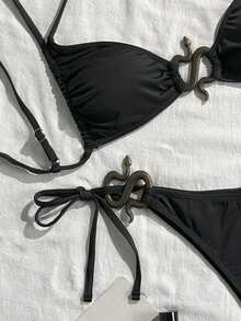 Swim SXY Solid Color Lace-Up Snake Shaped Sexy Bikini Set Bikinis Set For Women 2 Pieces Set - Black - View 6