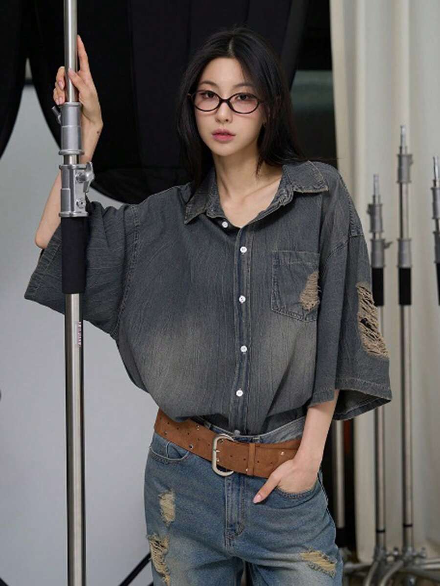 DAZY 女士单排扣做旧休闲百搭日常牛仔衬衫 - 藍色 - 查看 1