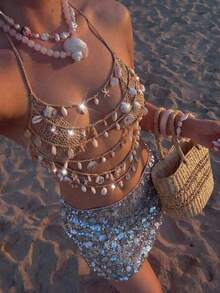 Aloruh 女士春夏新款钩针编织露背比基尼罩衫，海洋元素装饰配饰，奢华派对/音乐节，女士度假装 - 卡其色 - 查看 10