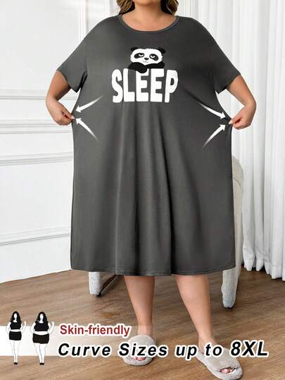 SHEIN CURVE+ Große Größen bequemes Panda-Muster Rundhals Lässig Nachthemd, Sommer