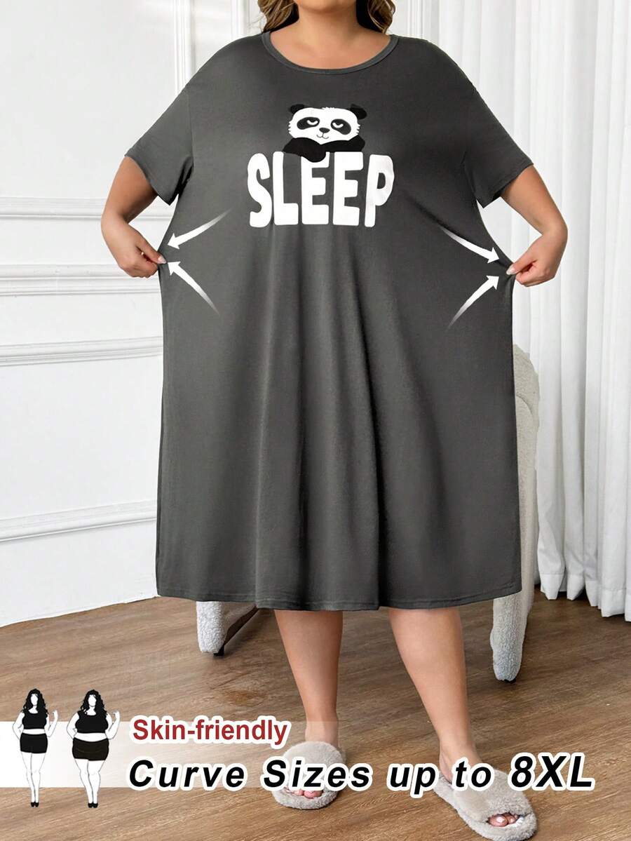 SHEIN CURVE+ 加大码舒适熊猫印花圆领休闲睡裙,夏季 - 灰色 - 查看 1