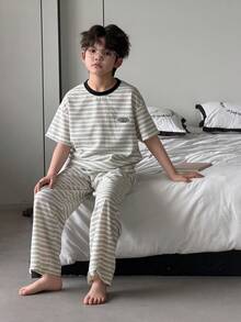 DAZY Bộ đồ ngủ mùa hè cho bé trai, áo ngắn tay kẻ sọc và quần dài. - trắng - Xem 6