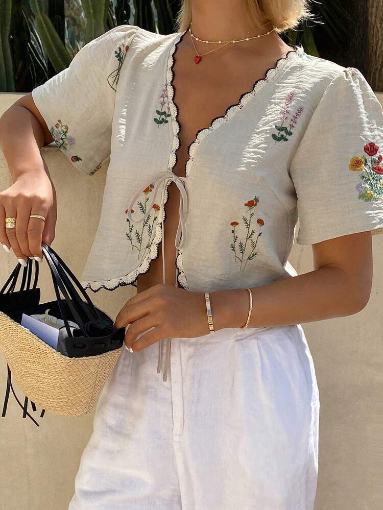 Women's Floral Embroidery Patchwork Hem Tie-Front Casual Vacation Summer Blouse