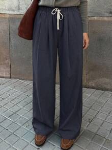 DAZY 女士宽松直筒裤，松紧腰带配抽绳，休闲夏季款 - 藍色 - 查看 3