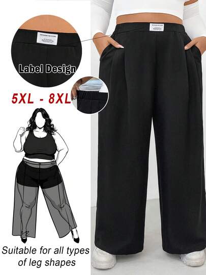 SHEIN CURVE+ Plus Size Women's Fashion Casual Loose Comfortable Daily All-Match Black Wide Leg Pants, Elastic Waistband, Street Style, Retro Chic