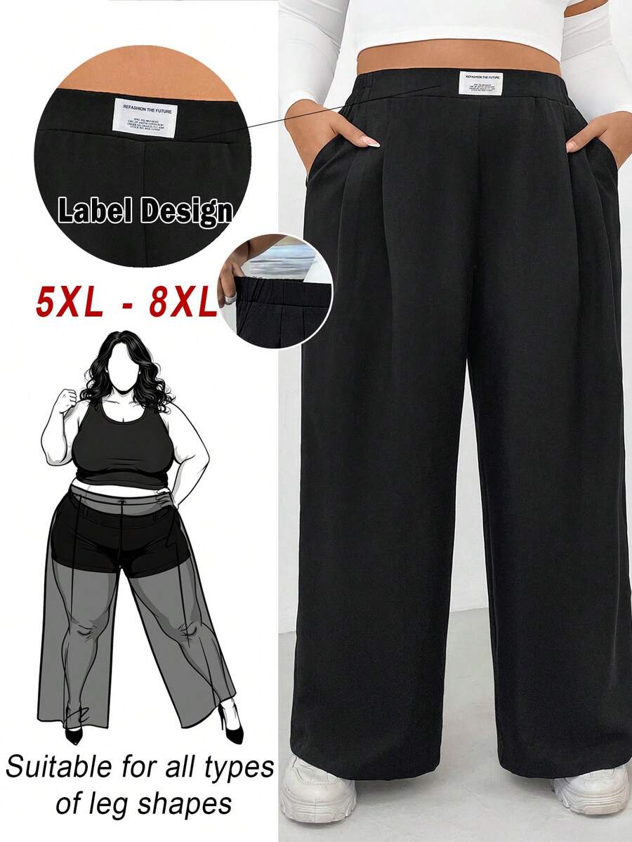 SHEIN CURVE+ 大码女装时尚休闲宽松舒适百搭黑色阔腿裤,松紧腰带,街头风,复古时尚 - 黑色 - 查看 1
