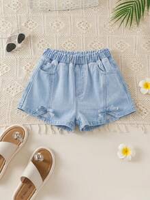 Shorts vaqueros informales para niñas preadolescentes, nuevo diseño con detalles delanteros rasgados y desgastados, y abertura lateral, lavado azul claro - Azul - Ver 3