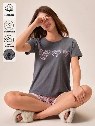 Loomlin Women Cotton 2 Pcs Grey Contrast Colour Heart Printed Round Neck Short Sleeved Shirt& Pink Heart Pattern