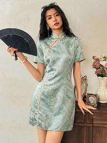 EastFlair Women's Jacquard Chinese Style Short Sleeve Elegant Mini Dress Chinese Style Dress Asian Dress Cheongsam Dress Chinese Outfit Women Qipao Dress - Green - View 3