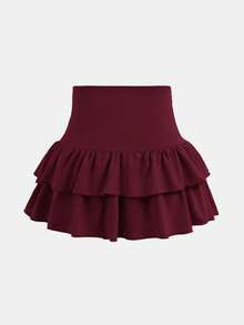 SHEIN Girlism 少女针织纯色可爱荷叶边多层内置短裤迷你裙，Y2K时尚，返校季 - 酒紅色 - 查看 2
