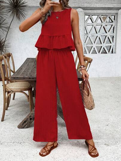 Breezaya Vacation Casual Solid Color Tank Top And Pants 2 Pieces Set