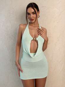 Allurite Women's Draped Neck Sexy Knit Dress, Spring/Summer Halter Neck Dress Sexy Dress Bodycon Dress Mini Dress Dresses For Women - Mint Green - View 8