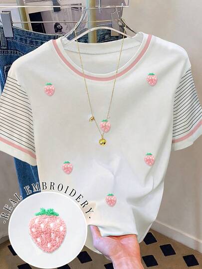 Resyla Women's Casual Dropped Shoulder Round Neck Striped T-Shirt, Strawberry Embroidered T-Shirt, Strawberry Towel Embroidered T-Shirt, Casual Comfortable Outdoor T-Shirt, All Season T-Shirt, Fruit T-Shirt