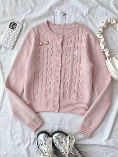 少女皇家蓝休闲纯色圆领长袖宽松短款开衫毛衣，保暖舒适，时尚百搭，适合日常通勤，秋冬季穿着