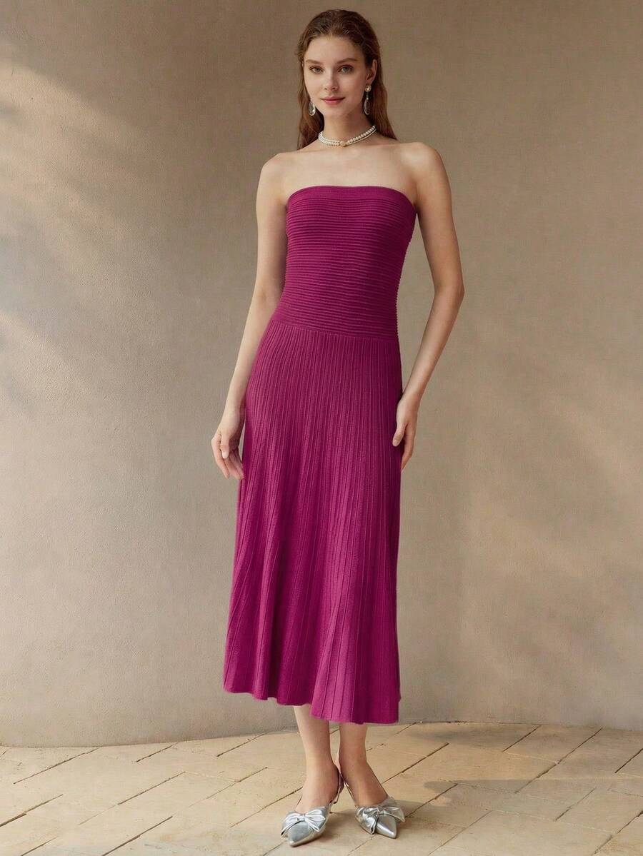 PREMIUM SOLID TEXTURED KNIT PLISSE TUBE DRESS - Red Violet - View 1
