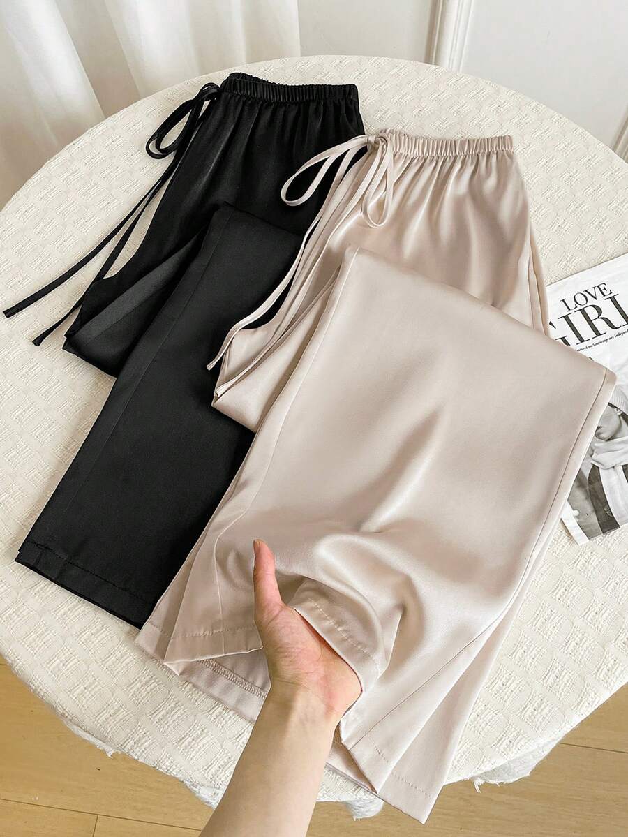 Sweetra Women's European And American Fashion New Summer Outfit, High-End Satin Glossy Black & White Waist-Slimming 2-Piece Set, Casual, Vacation, Commute, Versatile Pants - Multicolor - View 1