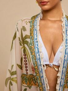 Travachic 热带度假风复古椰树小镇印花罩衫，长款花卉流苏下摆轻盈和服式罩衫，宽松显瘦沙滩罩衫，女士夏季 - 綠色 - 查看 7