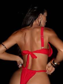 Swim SXY Damen Mode Bikini Set, Rot, handgefertigt mit Blumen, Ausschnitt, einschultrig, rückenfreie Bindung, Dreieck Bikinihose, Strand, Urlaub, Küste, Unterhaltung, Party, Lässig - Rot - Übersicht 2