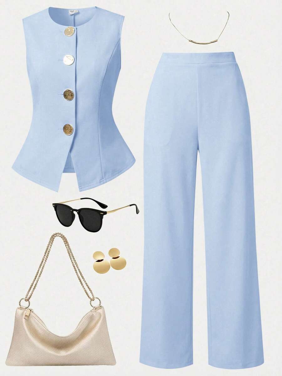 Girlism Teen Girls Sleeveless Top And Pants Set, Metal Button Closure, Elegant Retro Style,Kids - Baby Blue - View 1