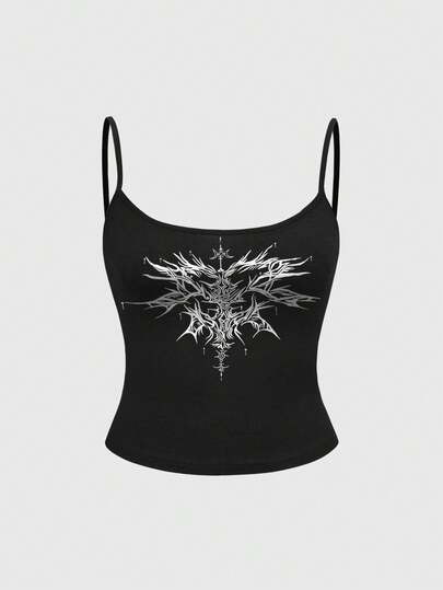 ROMWE Grunge Punk Áo tank top hở lưng, cổ khoét sâu, in hình họa tiết lễ hội âm nhạc Punk Thorn, gợi cảm dành cho nữ.