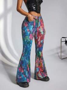 Jeanoix Quần jeans ống loe nữ họa tiết graffiti có túi, kiểu dáng thường ngày. - Nhiều màu - Xem 4