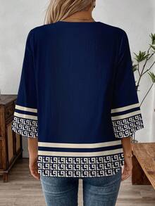 EMERY ROSE Plus Size Casual Striped & Geometric Print Shirt - Navy Blue - View 2