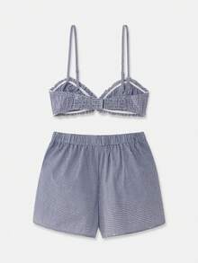 lacRébo Bộ đồ ngủ gồm áo hai dây và quần short kẻ caro xanh hải quân và trắng, kiểu dáng dễ thương mùa xuân hè, phong cách Pháp, Paris. - Màu xanh lam - Xem 10