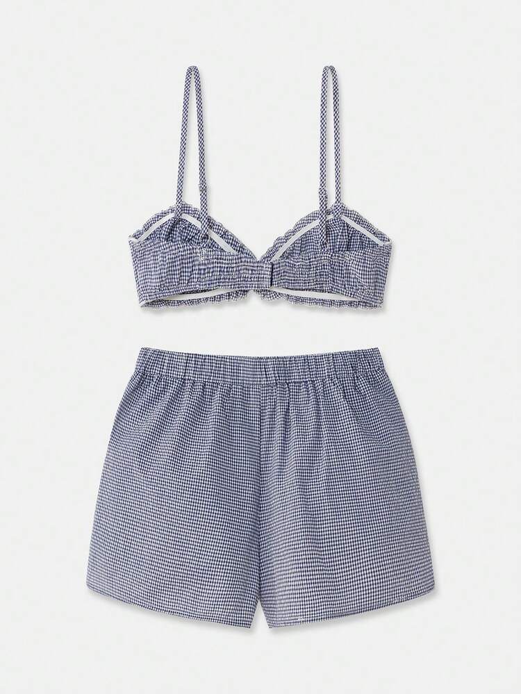 Navy Blue And White Gingham Cami Top And Shorts Sleepwear Set Cute Spring Summer Style French Style Parisian Style