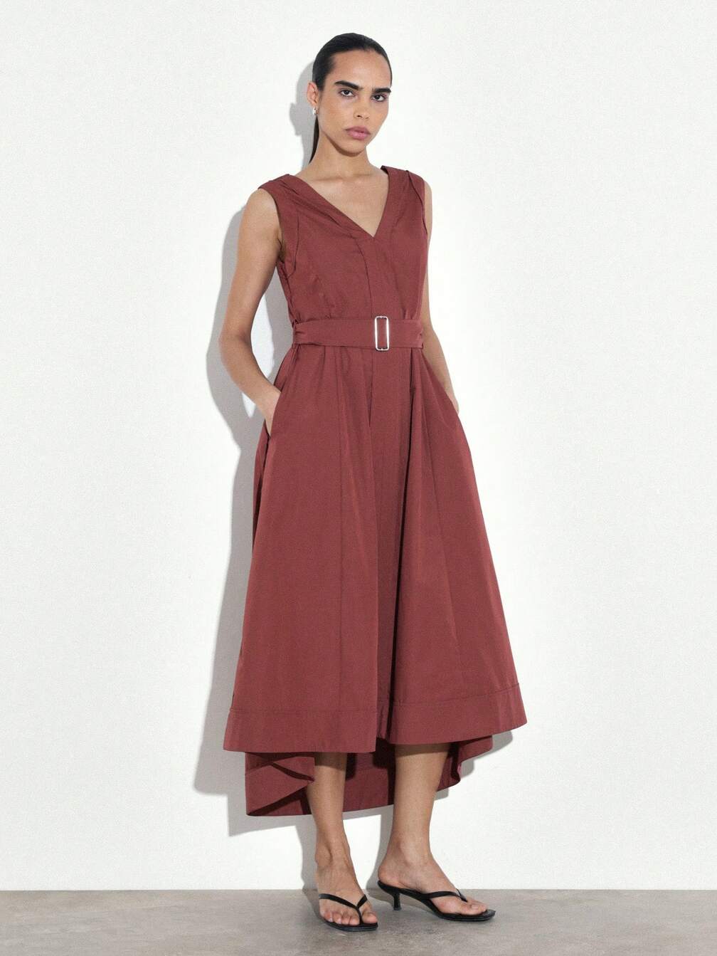 high low hem midi dress Angie Faded Floral Midi Dress With Ruffle High-Low Hem
