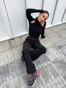 Marta Soriano Suéter de punto casual de cuello alto, manga larga, ajustado y con abertura, de unicolor, para mujer, estilo Y2k de otoño/invierno - Negro - Ver 4
