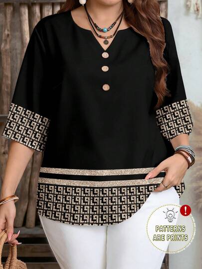 EMERY ROSE Women's Retro Boho Zigzag Striped Print 3-Button Mid-Sleeve Loose Comfortable Shirt, Suitable For Outings, Work Commute, Parties, Weddings, Vacations, Holidays, And Home Wear,Summer Top