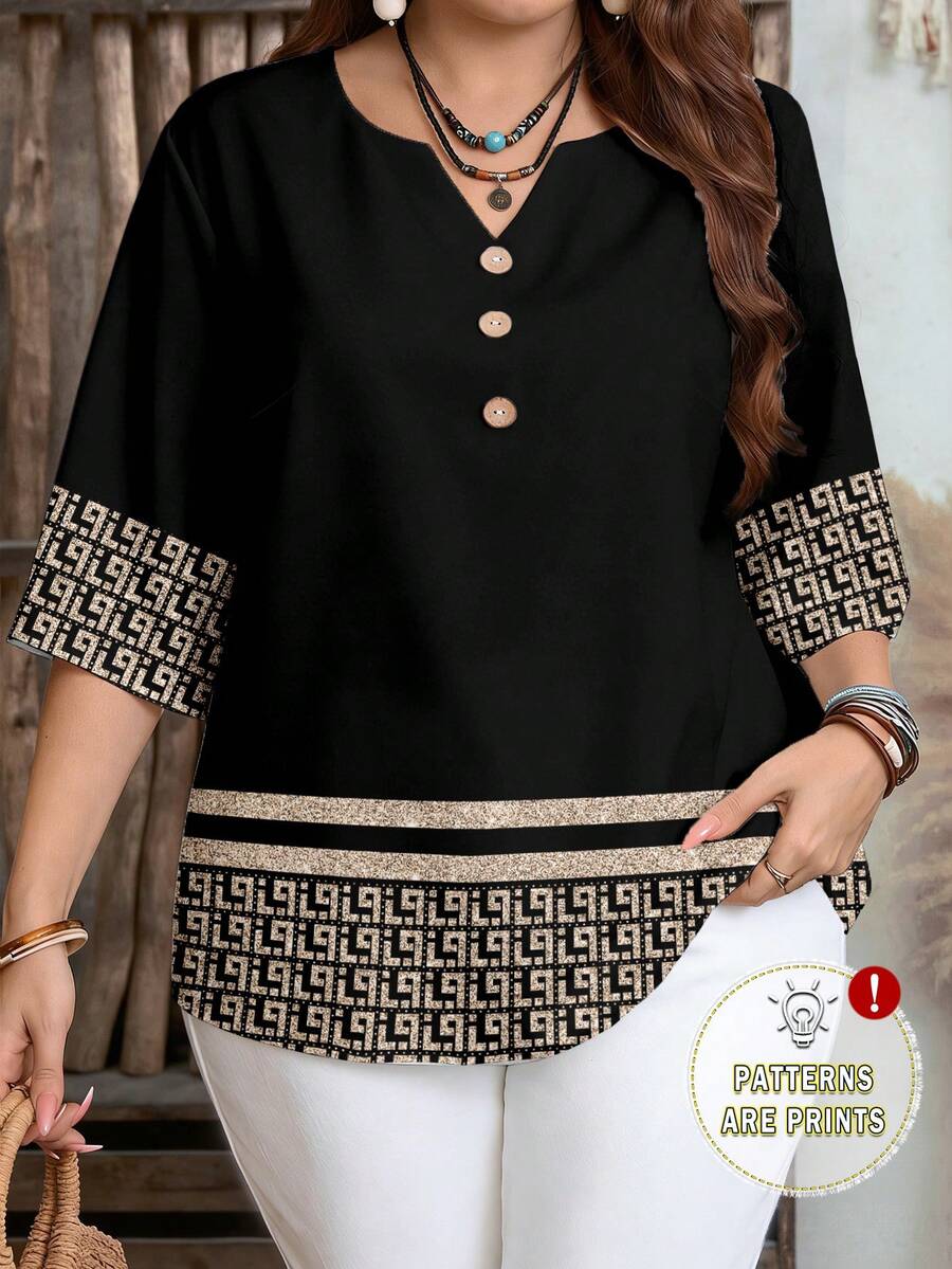 EMERY ROSE Áo sơ mi nữ phong cách retro boho kẻ sọc zigzag, cài 3 nút, tay lửng, dáng rộng thoải mái, phù hợp cho đi chơi, đi làm, dự tiệc, đám cưới, du lịch, lễ hội và mặc ở nhà. - Nhiều màu - Xem 1