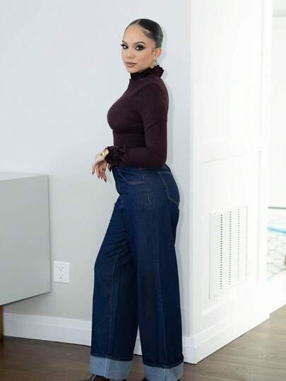 Melissa Matos 女士休闲新款时尚经典蓝色直筒牛仔裤，带口袋