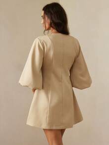 Vestido de punto de espiga con mangas de linterna, diseño elegante y versátil de alta gama - Caqui - Ver 6