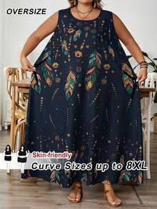 SHEIN CURVE+ Plus Size Women's Sleeveless Floral Print Dress, Summer,Holiday Outfits For Womenfall Clothes For Women,Winter,CURVE PLUS, Summer Dresses - Navy Blue - View 8