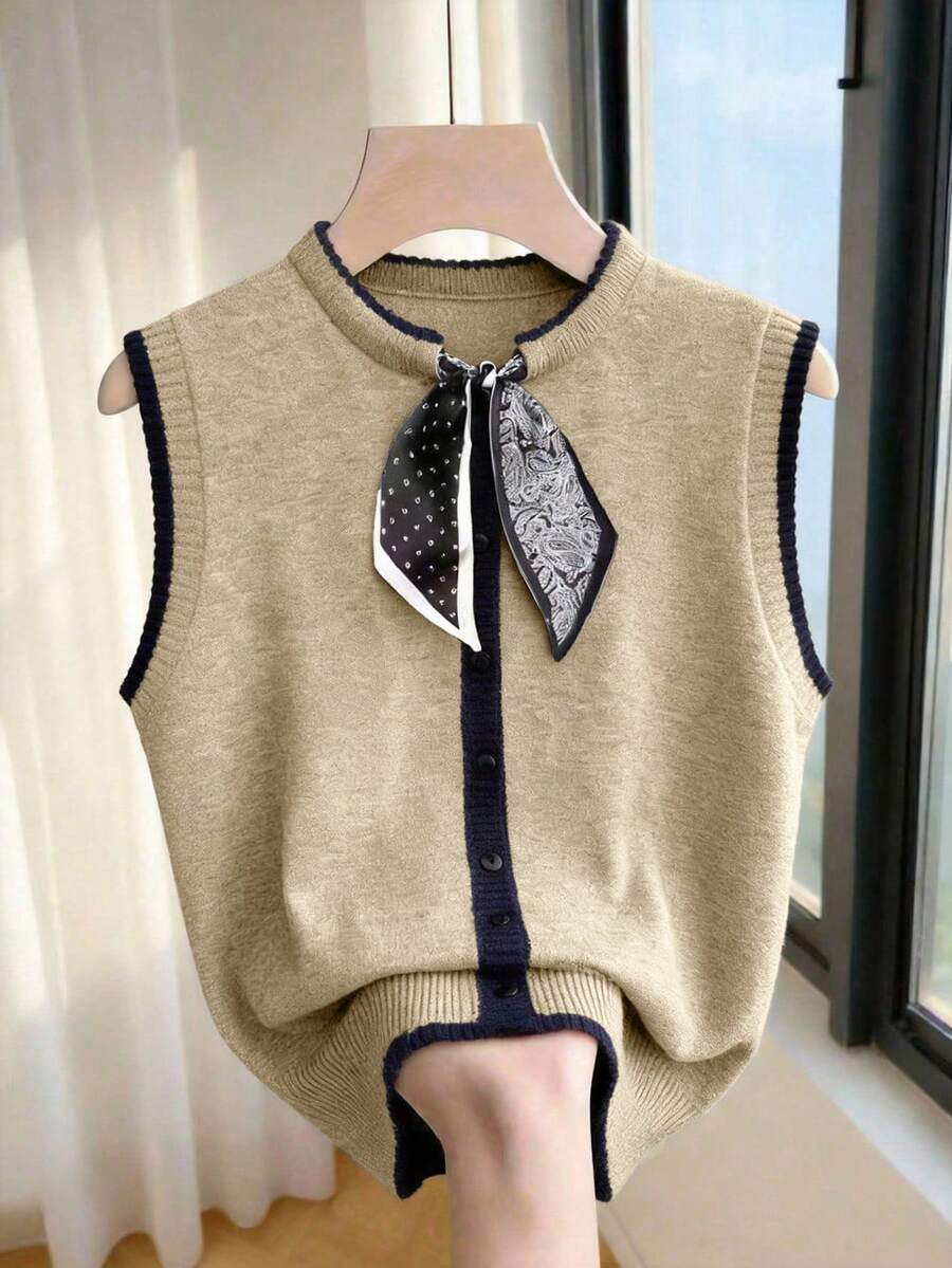 Franclia Áo polo không tay cổ tròn dáng ngắn tối giản mùa xuân/hè mới, cài nút mờ, dệt kim chặt chẽ, viền tương phản, phối họa tiết chấm bi và paisley, phù hợp cho công sở, phong cách Hàn Quốc dễ phối đồ, dáng ôm, thoải mái, đa năng, màu tối, tôn dáng, áo dệt kim cao cấp trung tính dành cho nữ. - Màu be - Xem 1
