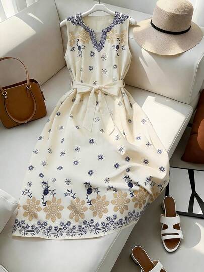 SHEIN Holidaya French-Style Elegant Resort-Inspired Printed V-Neck Sleeveless Dress With A Belted Waist; Sleeveless V-Neck Midi Dress, Summer Dress, Beach Dress, Casual Dress, Resort Dress, Floral Dress.Graduation Season Attire, Fashionable Casual Commuter Wear, Business Office Wear, Versatile And Stylish Everyday Casual Wear, Urban Teacher's Professional Attire