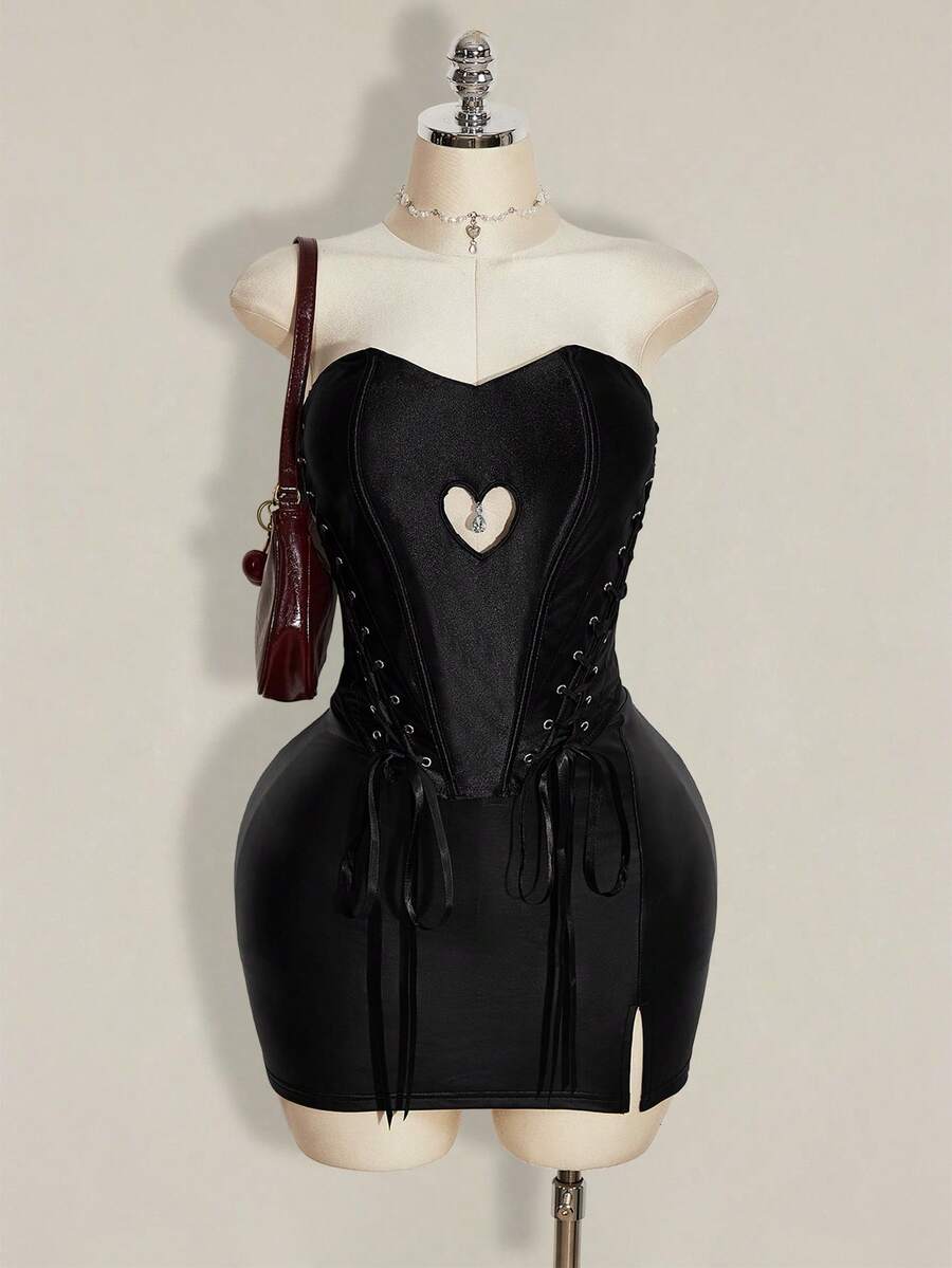 SHEIN ICON ملابس علوية حمراء برباط جانبي لعيد الحب للنساء بمقاس كبير - الأسود - مشاهدة 1