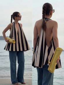 Firerie 女士优雅通勤OL音乐节海滩度假嘉年华条纹露背上衣，V领条纹吊带背心，百搭夏季单品。女士假日装，黑白斜条纹，母亲节礼物，春夏必备，海滩休闲，外出上衣 - 黑與白 - 查看 5
