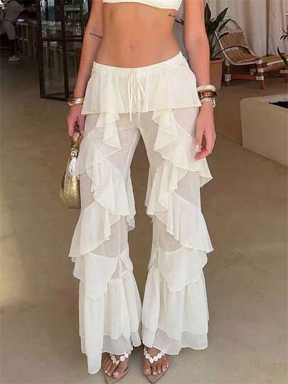Aloruh Women's Vintage Bohemian Multi-Layer Ruffle Hem Solid Color Chiffon Straight Leg Pants, Suitable For Music Festivals,Boho Feel Pants,Music Festivals Outfit,White Pants ,Vacation Outfits Women ,Beach Outfit For Women Boho Pants White Flare Pants Beach Pants Ruffle Pants