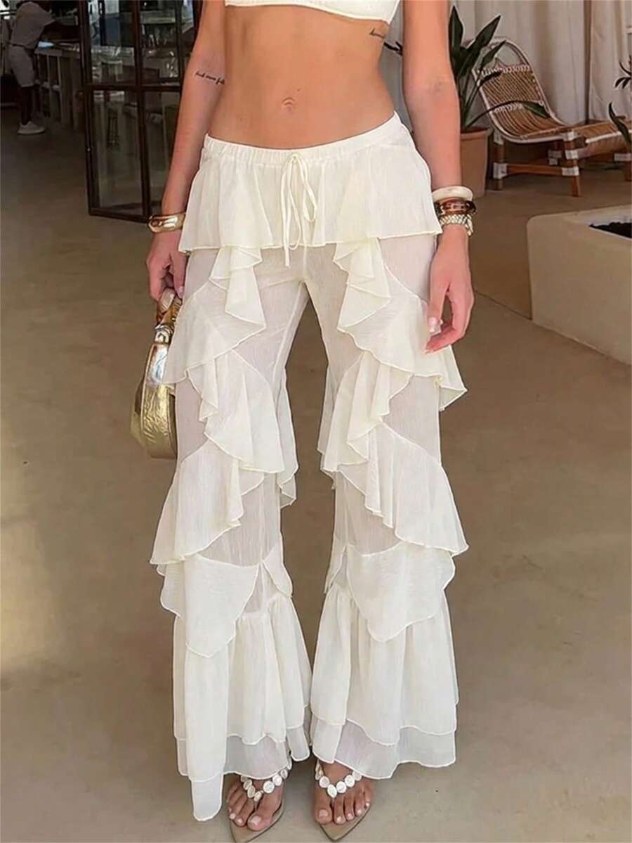 Aloruh 女士复古波西米亚风多层荷叶边纯色雪纺直筒裤，适合音乐节穿着