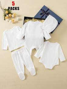 Bộ đồ 5 món cho bé gái sơ sinh: Áo liền quần dài tay cổ tròn, áo sơ mi cài cúc bên hông, quần dài có tất, áo liền quần dài tay và mũ, đồ ngủ và mặc nhà mùa xuân/hè. - trắng - Xem 2